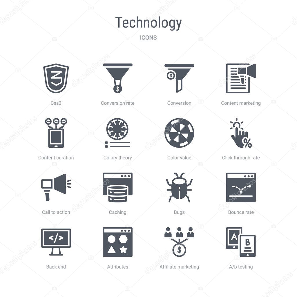Set of 16 vector icons such as a/b testing, affiliate marketing, attributes, back end, bounce rate, bugs, caching, call to action from technology concept. can be used for web, logo, ui\u002fux