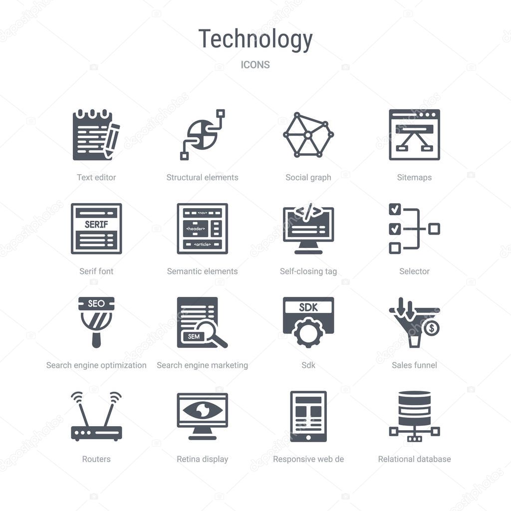 set of 16 vector icons such as relational database management sy
