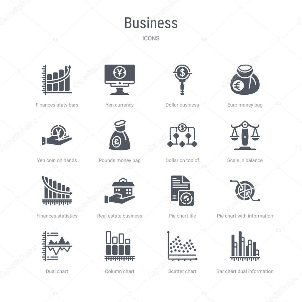 set of 16 vector icons such as bar chart dual information, scatt