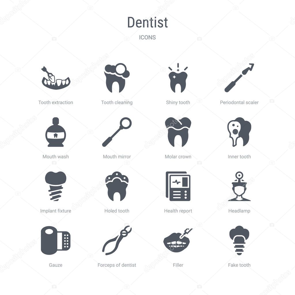 set of 16 vector icons such as fake tooth, filler, forceps of de