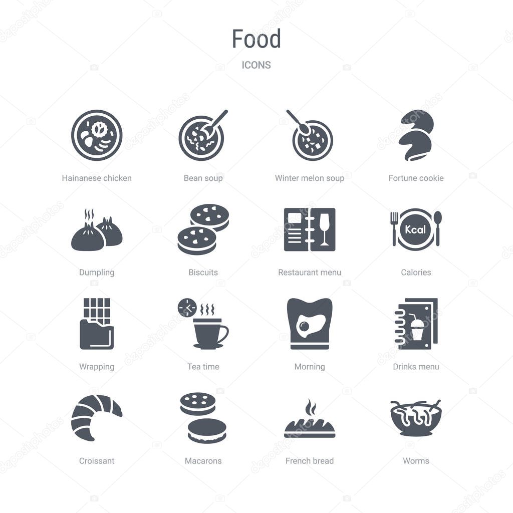 set of 16 vector icons such as worms, french bread, macarons, cr