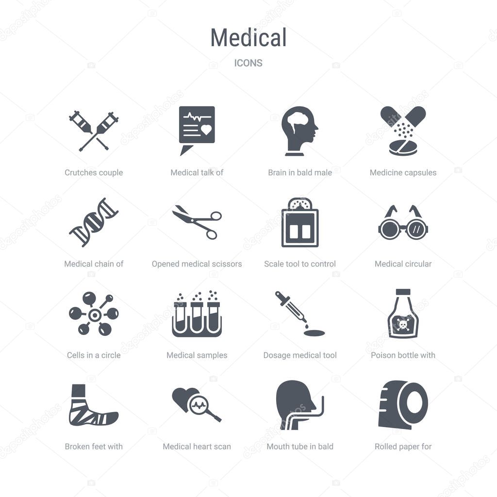 Set of 16 vector icons such as rolled paper for bathroom, mouth tube in bald male head, medical heart scan, broken feet with bandage, poison bottle with a skull, dosage medical tool, medical samples