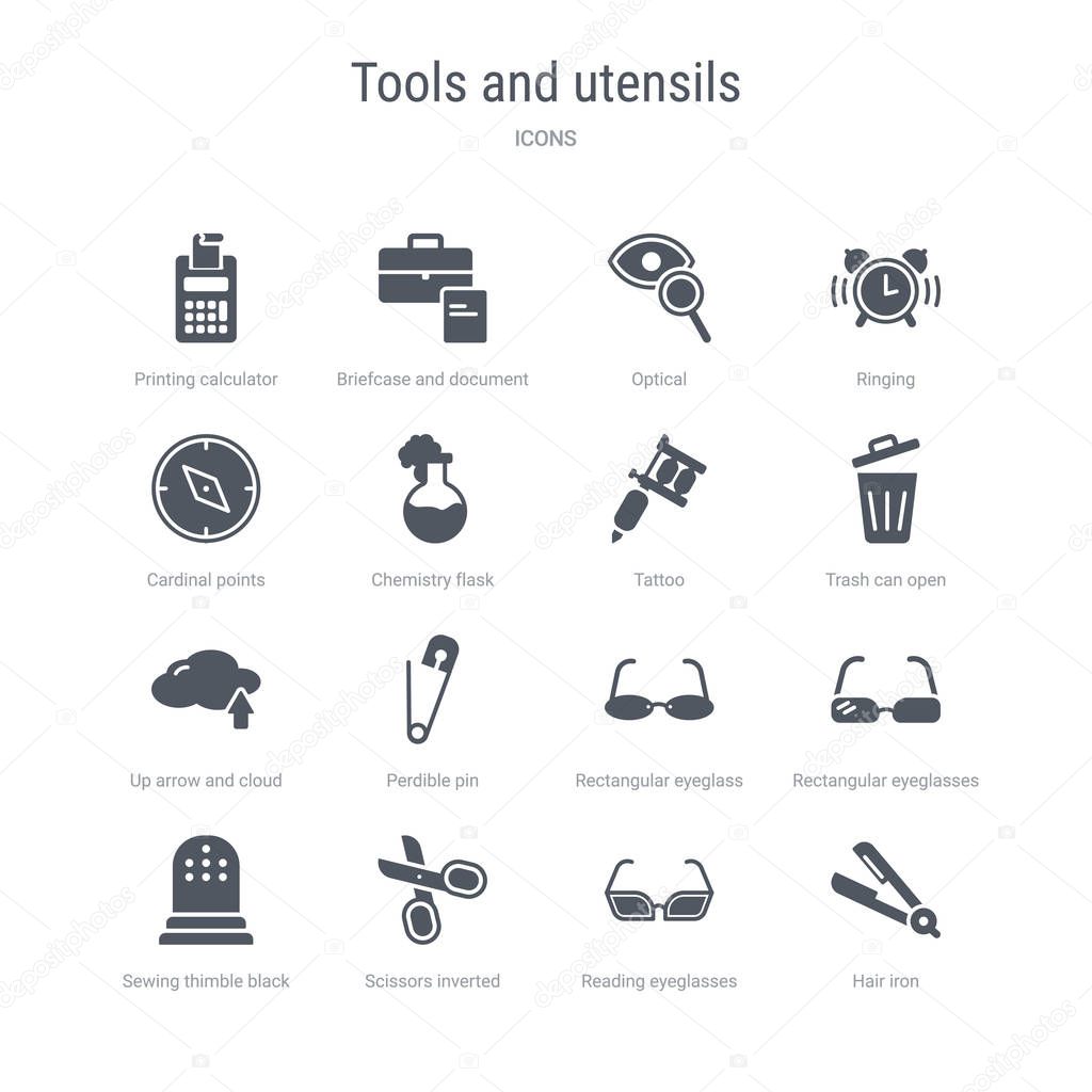 set of 16 vector icons such as hair iron, reading eyeglasses, sc
