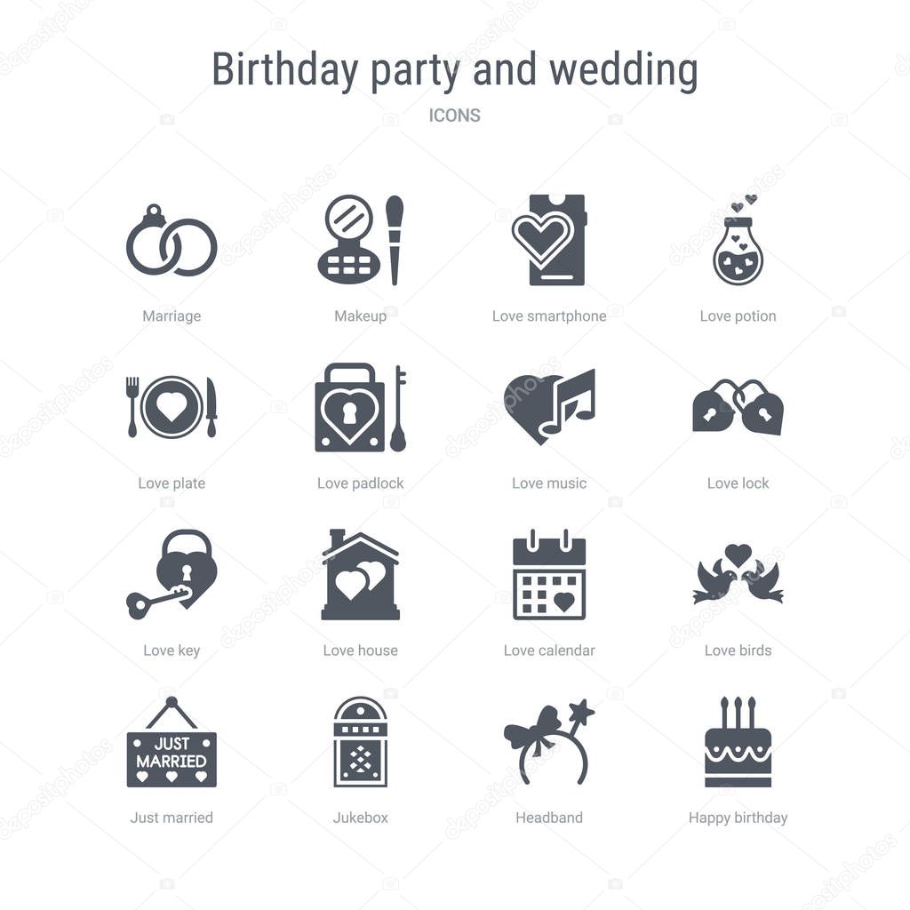 Set of 16 vector icons such as happy birthday, headband, jukebox, just married, love birds, love calendar, love house, key from birthday party and wedding concept. can be used for web, logo,