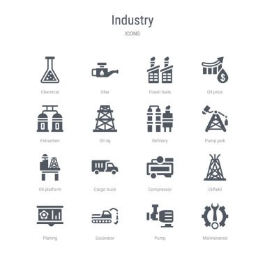 bakım, pompa, ekskavatör, pla gibi 16 vektör simgeleri kümesi