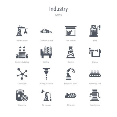 el pompası, petrol tankeri, petrol pompaları gibi 16 vektör simgeleri kümesi,