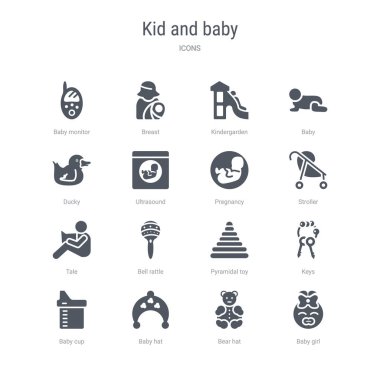 bebek kız, ayı şapka, bebek şapka, ba gibi 16 vektör simgeleri kümesi