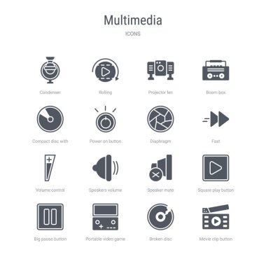 film klipsi düğmesi, kırık disk, p gibi 16 vektör simgeleri kümesi