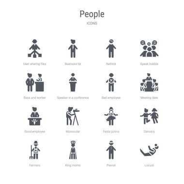 çekirge, pierrot, kral momo, farme gibi 16 vektör simgeleri kümesi