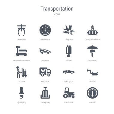 sayaç, tarih öncesi, tramvay çantası gibi 16 vektör simgeleri kümesi