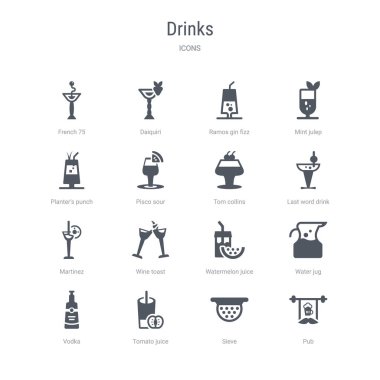 pub, elek, domates suyu, votka gibi 16 vektör simgeleri kümesi, 