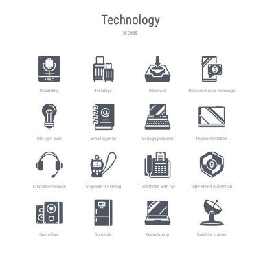 uydu istasyonu, açık dizüstü bilgisayar, d gibi 16 vektör simgeleri kümesi