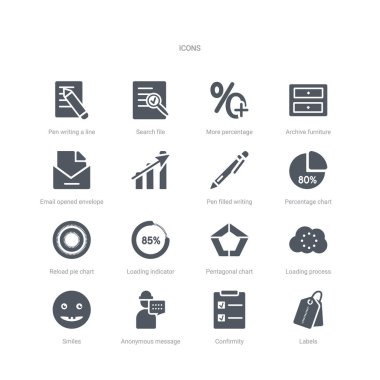 etiketler, onay, anonim mesaj, gülümseme, yükleme işlemi, beşgen grafik, yükleme göstergesi, yeniden pasta grafiği gibi 16 vektör simgesi kümesi 