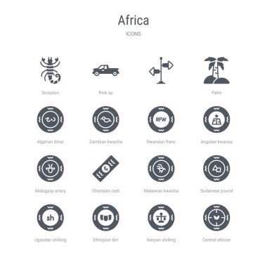 orta Afrika Frangı, kenyan shi gibi 16 vektör simgeleri kümesi