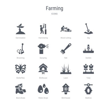 arı kovanı, kuş evi, su damlaları gibi 16 vektör simgeleri kümesi,