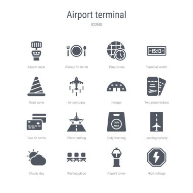 yüksek voltaj, havaalanı kulesi, bekleme gibi 16 vektör simgeleri kümesi