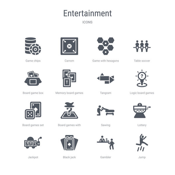 set of 16 vector icons such as jump, gambler, black jack, jackpo