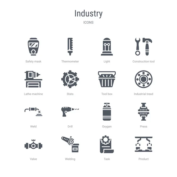 Satz von 16 Vektorsymbolen wie Produkt, Aufgabe, Schweißen, Ventil, Pr — Stockvektor
