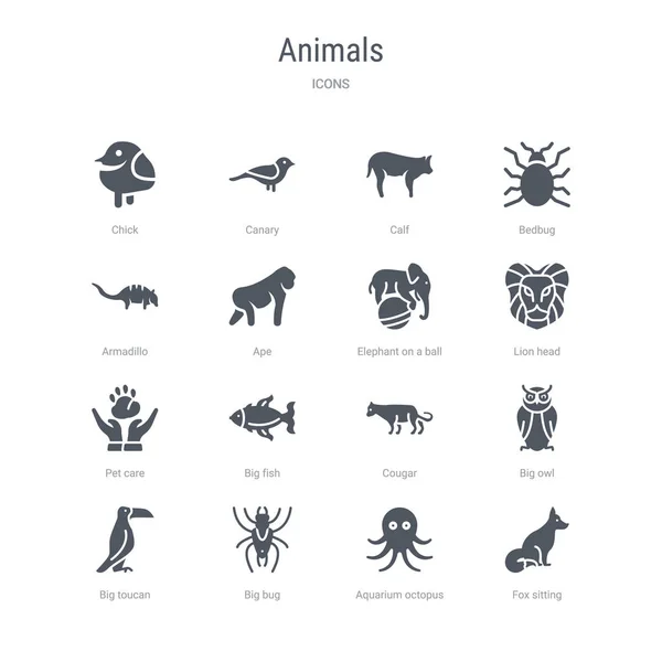 Conjunto de 16 iconos vectoriales como el zorro sentado, pulpo acuario, bi — Vector de stock