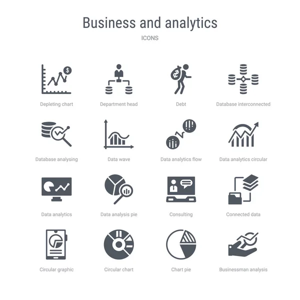Set di 16 icone vettoriali come analisi uomo d'affari, grafico a torta , — Vettoriale Stock