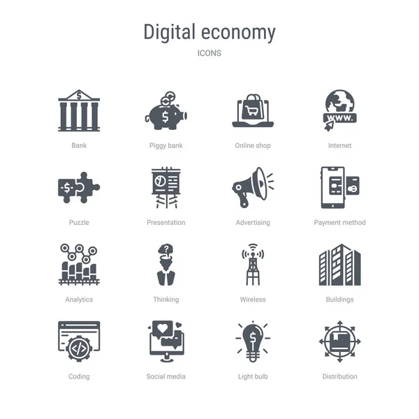 Conjunto de 16 iconos vectoriales como la distribución, bombilla, social — Archivo Imágenes Vectoriales