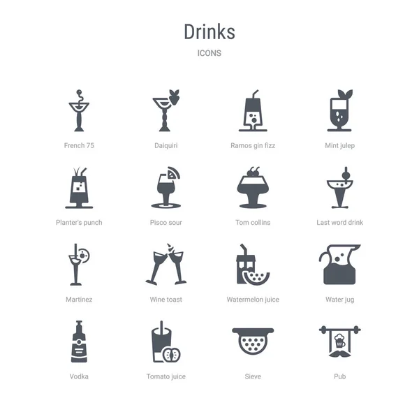 Set di 16 icone vettoriali come pub, setaccio, succo di pomodoro, vodka , — Vettoriale Stock