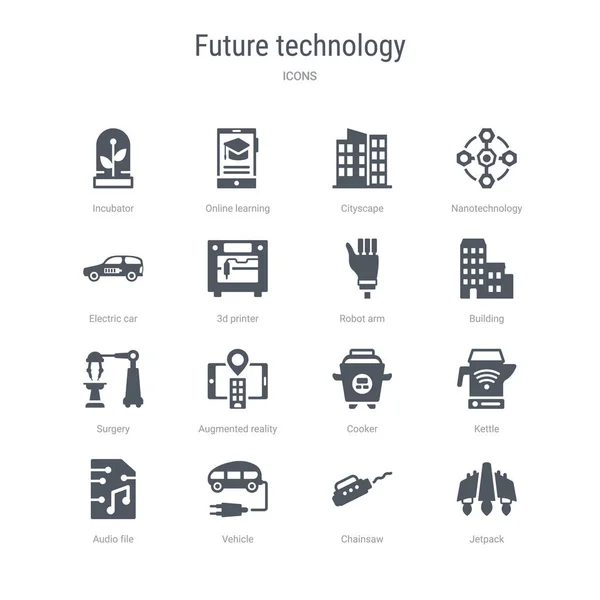16个矢量图标集，如喷气背包、链锯、车辆、音频 — 图库矢量图片