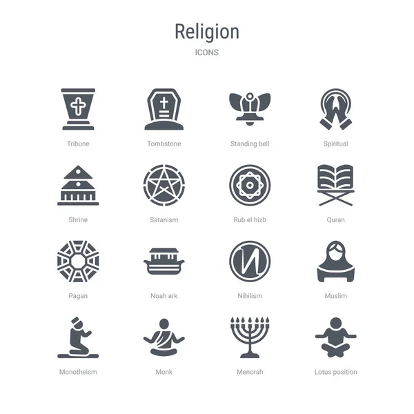 Set di 16 icone vettoriali come posizione del loto, menorah, monaco, mo — Vettoriale Stock