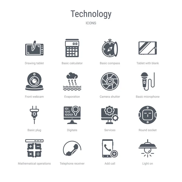 Conjunto de 16 iconos vectoriales como la luz encendida, añadir llamada, rec teléfono — Vector de stock