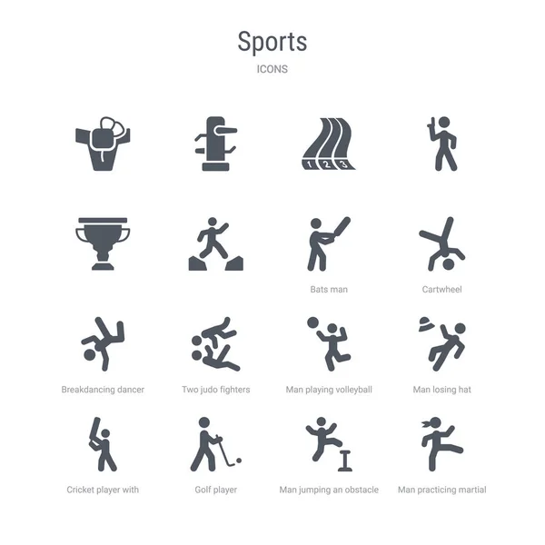Set of 16 vector icons such as man practicing martial arts, man — Stock Vector
