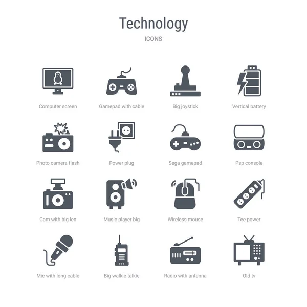 Conjunto de 16 iconos vectoriales como la televisión antigua, radio con antena, w grande — Vector de stock