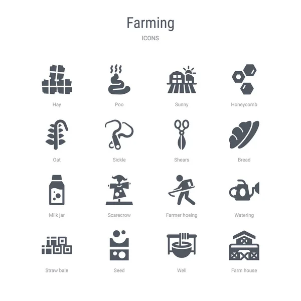 Conjunto de 16 ícones vetoriais, tais como casa de fazenda, bem, semente, palha bal — Vetor de Stock