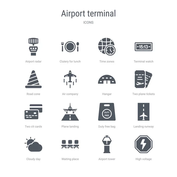 Ensemble de 16 icônes vectorielles telles que haute tension, tour de l'aéroport, attendre — Image vectorielle