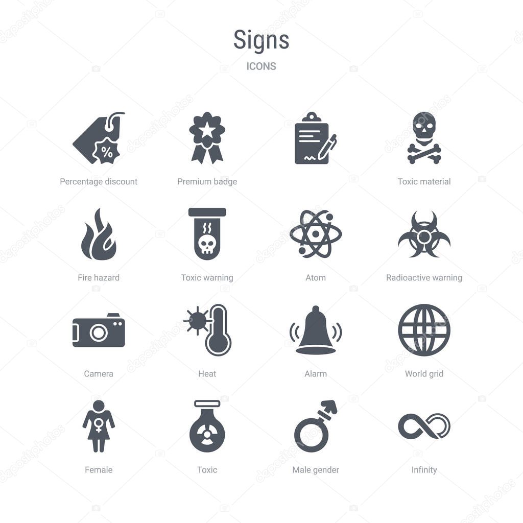 set of 16 vector icons such as infinity, male gender, toxic, fem