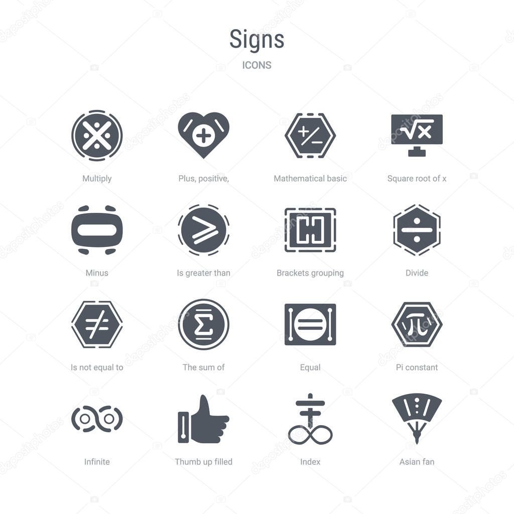 Set of 16 vector icons such as asian fan, index, thumb up filled gesture, infinite, pi constant, equal, the sum of, is not equal to from signs concept. can be used for web, logo, ui\u002fux