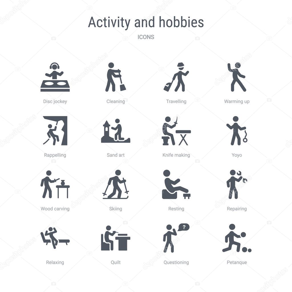 Set of 16 vector icons such as petanque, questioning, quilt, relaxing, repairing, resting, skiing, wood carving from activity and hobbies concept. can be used for web, logo, ui\u002fux