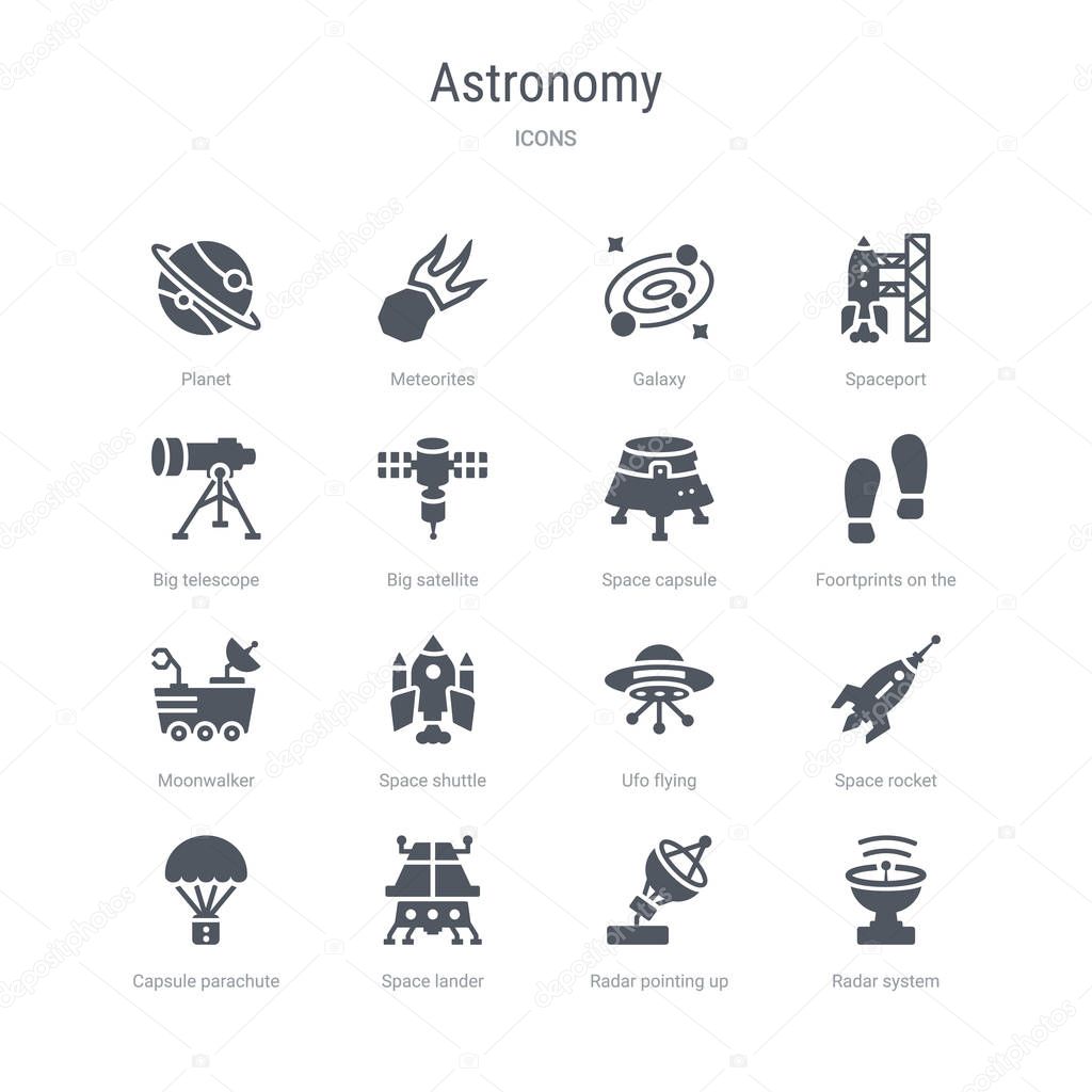 set of 16 vector icons such as radar system, radar pointing up, 