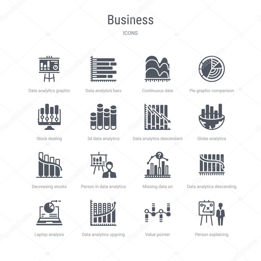 set of 16 vector icons such as person explaining strategy on a b