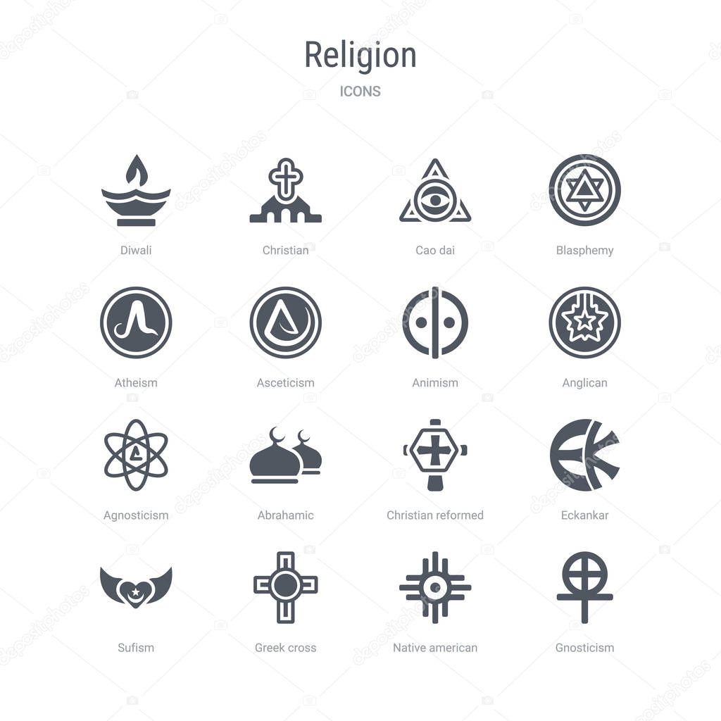 set of 16 vector icons such as gnosticism, native american sun, 