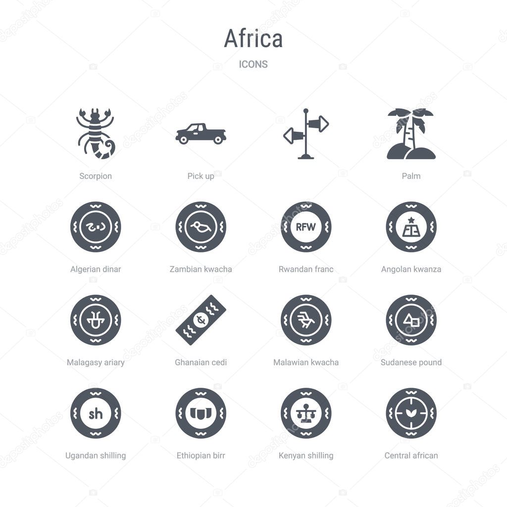 set of 16 vector icons such as central african franc, kenyan shi