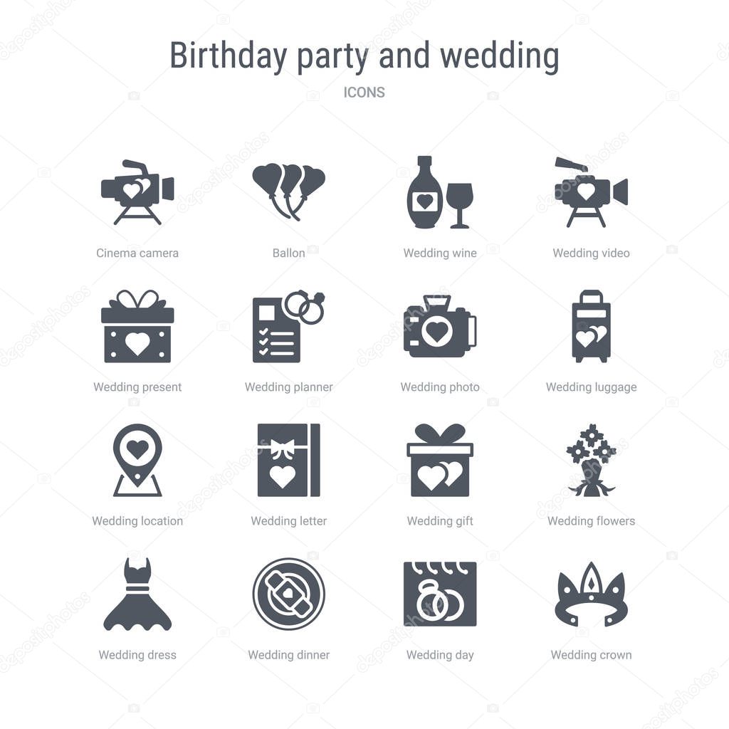 Set of 16 vector icons such as wedding crown, wedding day, wedding dinner, dress, flowers, gift, letter, location from birthday party and concept. can be used for web, logo, ui\u002fux