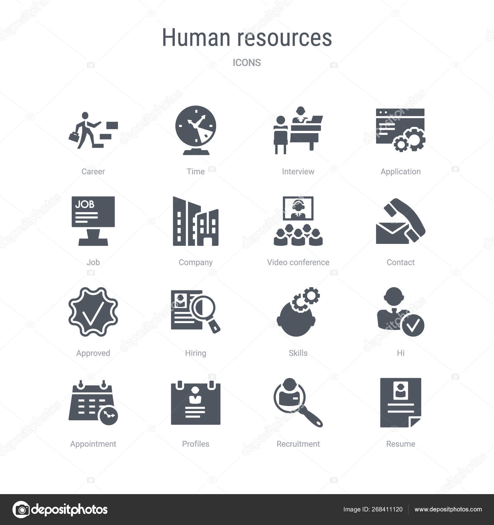 Set of 16 vector icons such as resume, recruitment, profiles, ap Stock  Vector by ©zaurrahimov 268411120, image size:1600x1700
