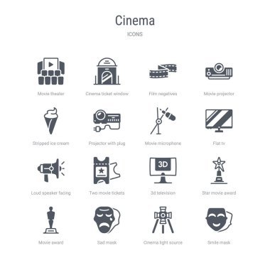 gülümseme maskesi, sinema ışık kaynağı gibi 16 vektör simgeleri kümesi, 