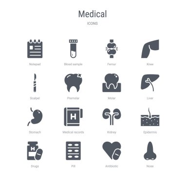 burun, antibiyotik, hap, ilaç, ep gibi 16 vektör simgeleri kümesi