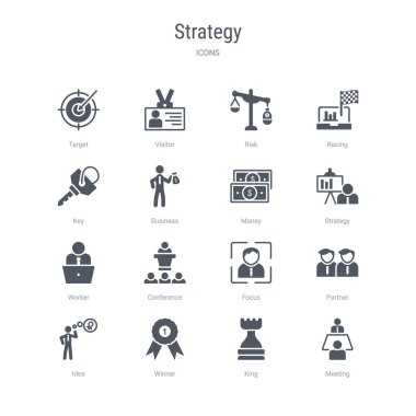 toplantı, kral, kazanan, fikir, bölüm gibi 16 vektör simgeleri kümesi