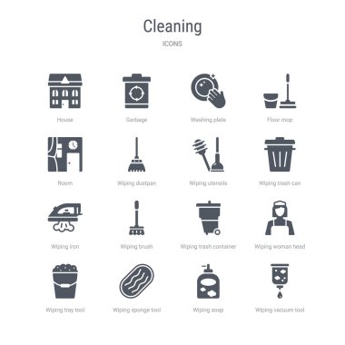 silme vakum aracı, silme sabunu gibi 16 vektör simgesi kümesi, 