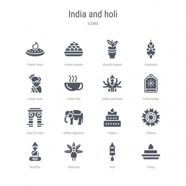 gübre, holi, tavus kuşu, buda, chak gibi 16 vektör simgeleri kümesi