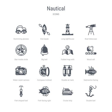 çift yem, yolcu gemisi, balık fa gibi 16 vektör simgeleri kümesi