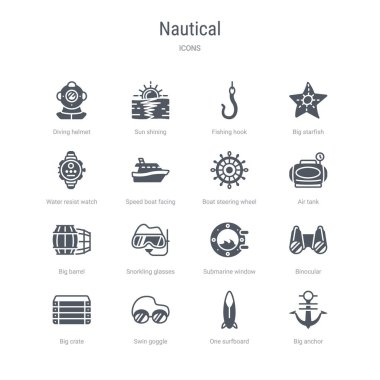 büyük çapa, bir sörf tahtası, swin g gibi 16 vektör simgeleri kümesi