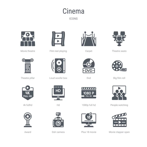 Zestaw 16 ikon wektorowych, takich jak klapa filmowa otwarta, plus 18 filmów — Wektor stockowy